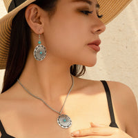 Thumbnail for Chic Turquoise Inlaid Carved Sunflower Pendant Necklace Earrings Set - ArtGalleryZen