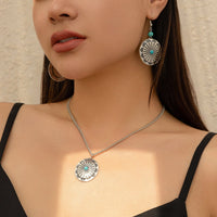 Thumbnail for Chic Turquoise Inlaid Carved Sunflower Pendant Necklace Earrings Set - ArtGalleryZen