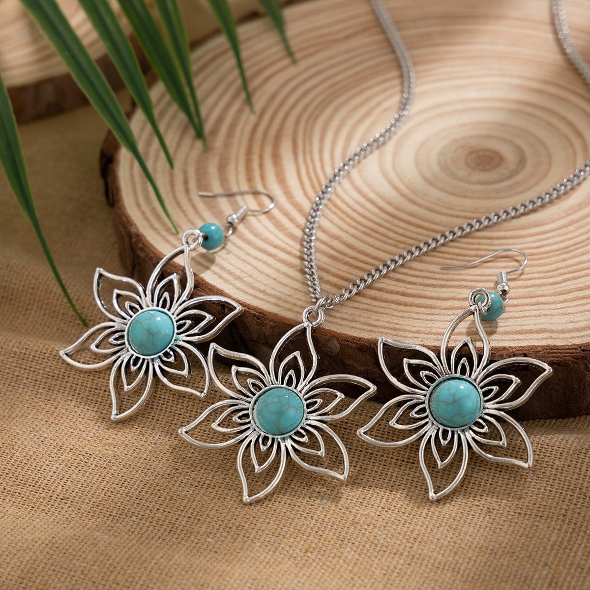 Chic Turquoise Inlaid Hollow Cherry Blossom Necklace Earrings Set - ArtGalleryZen