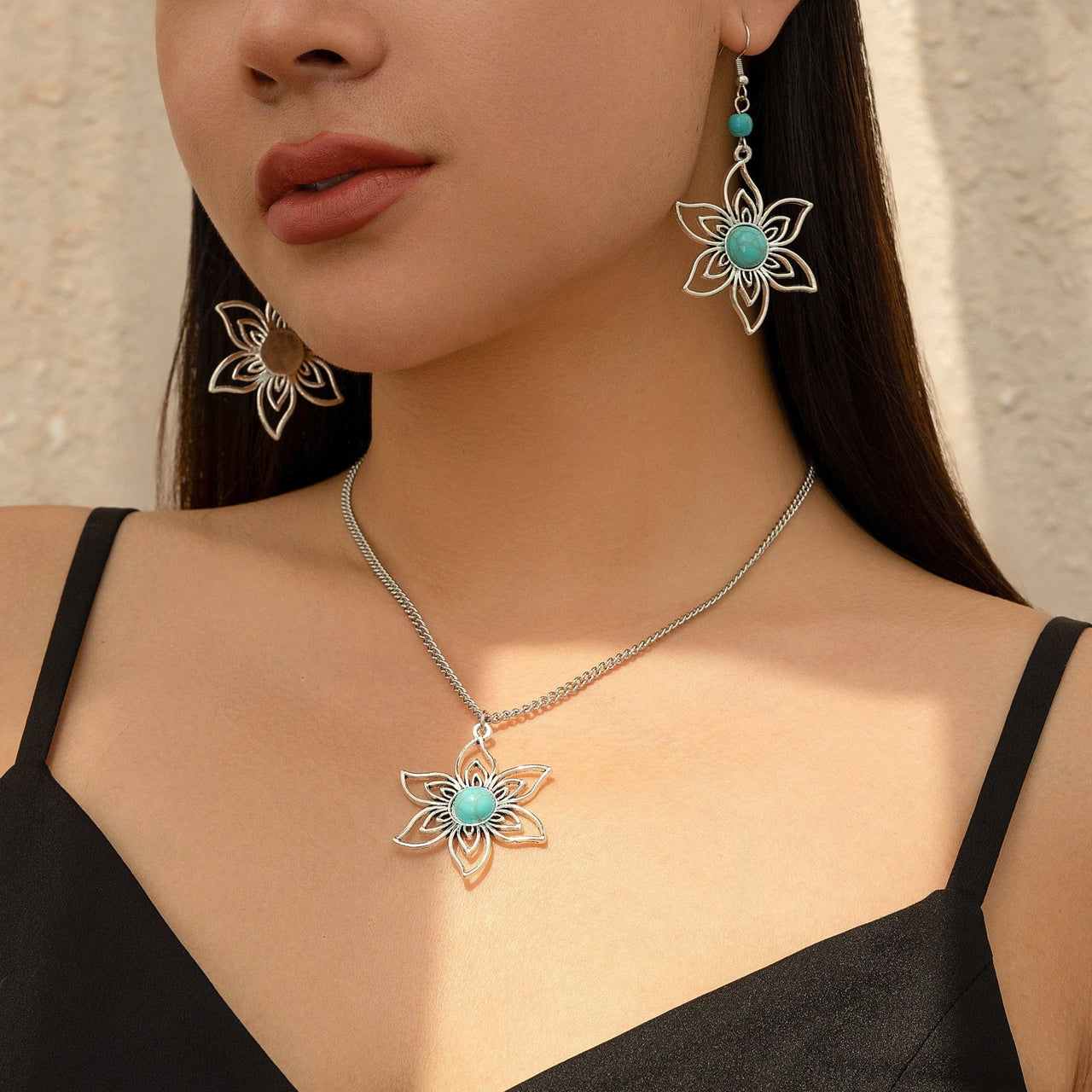 Chic Turquoise Inlaid Hollow Cherry Blossom Necklace Earrings Set - ArtGalleryZen
