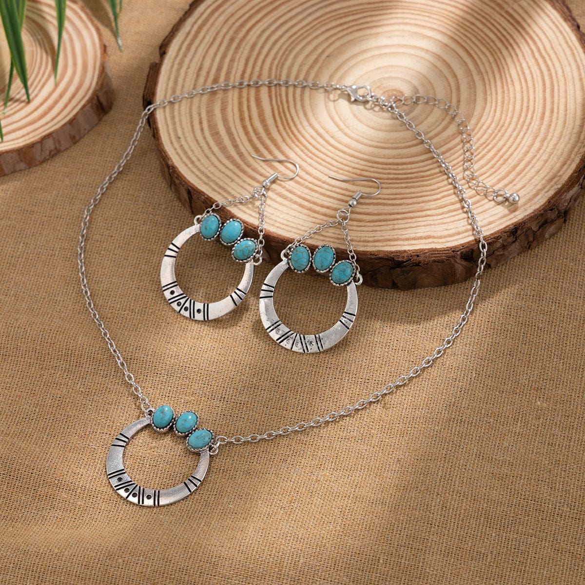 Chic Turquoise Inlaid Hoop Charm Necklace Earrings Set - ArtGalleryZen