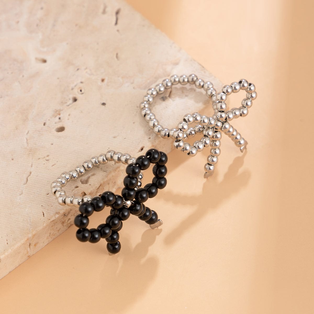 Chic Two Tone Beaded Bowknot Ring Set - ArtGalleryZen