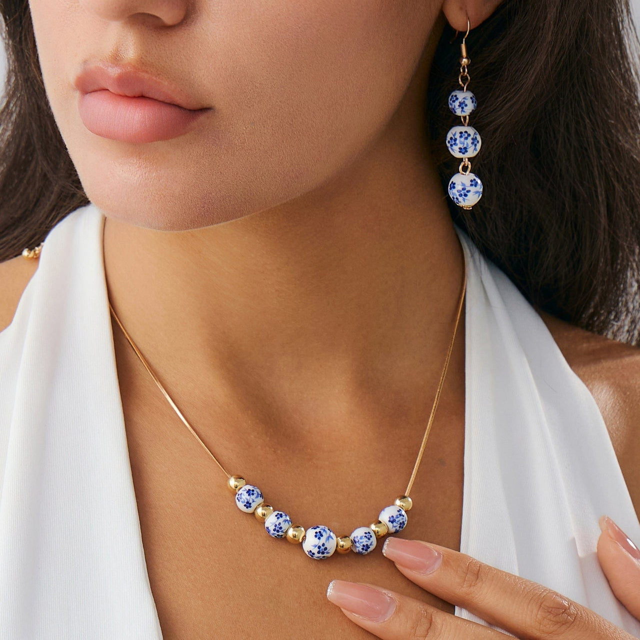Chinese Style Blue And White Porcelain Beaded Necklace Earrings Set - ArtGalleryZen