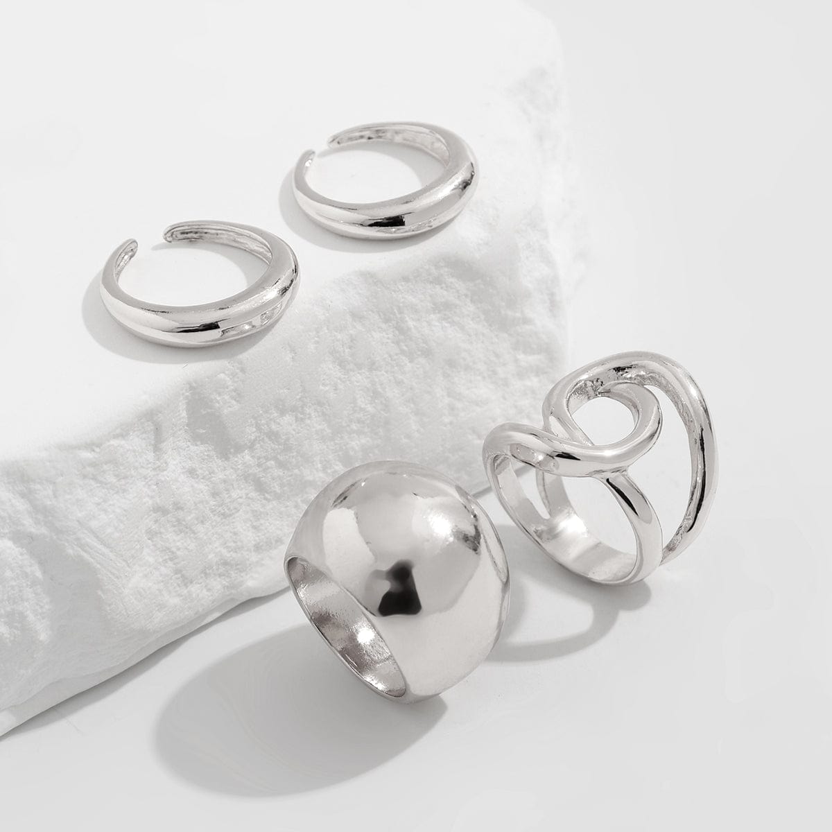 Chunky 4pcs Gold Silver Tone Irregular Curved Ring Set - ArtGalleryZen