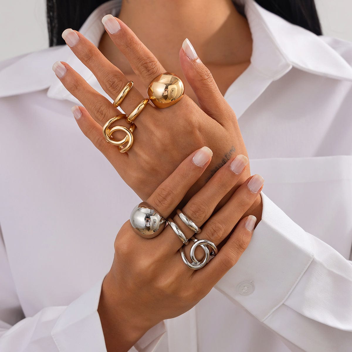 Chunky 4pcs Gold Silver Tone Irregular Curved Ring Set - ArtGalleryZen