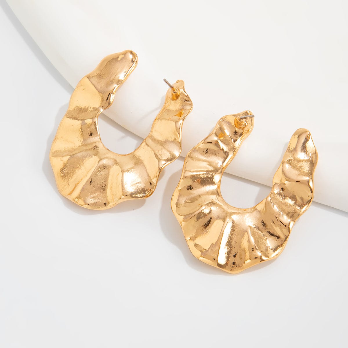 Chunky Gold Silver Tone Pleated U Shaped Stud Earrings - ArtGalleryZen
