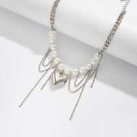 Thumbnail for Chunky Layered Heart Pendant Pearl Curb Chain Necklace - ArtGalleryZen