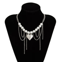 Thumbnail for Chunky Layered Heart Pendant Pearl Curb Chain Necklace - ArtGalleryZen