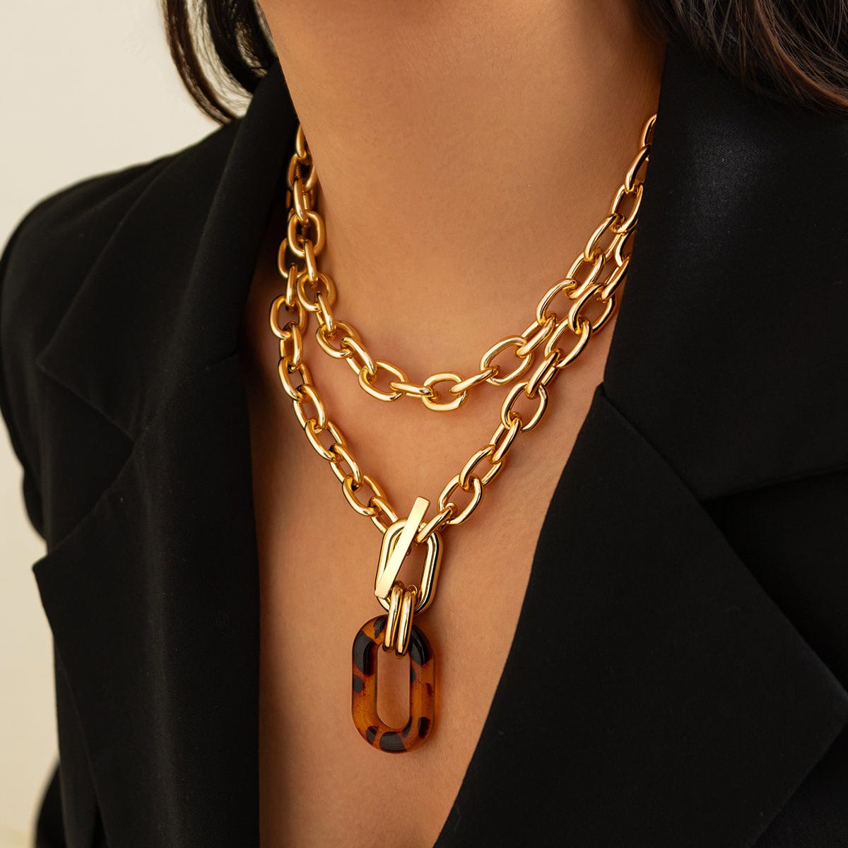 Classic 2pcs Chunky Leopard Hoop Pendant Curb Chain Necklace Set - ArtGalleryZen