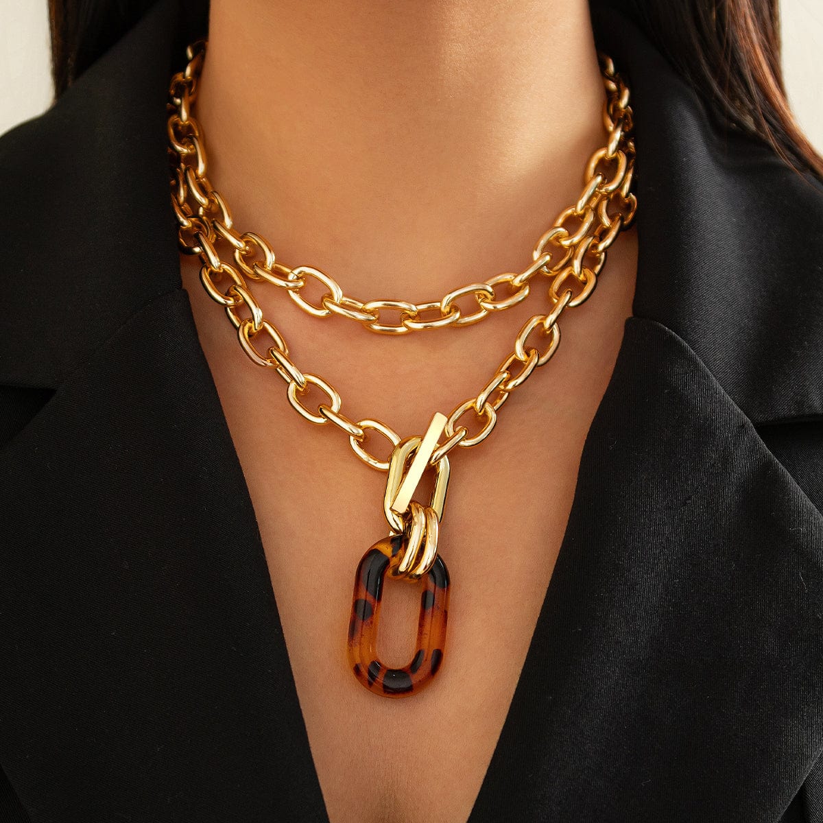 Classic 2pcs Chunky Leopard Hoop Pendant Curb Chain Necklace Set - ArtGalleryZen
