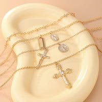 Thumbnail for Classic Layered Gold Silver Tone Pattern Round Disk Cross Pendant Y Necklace Set - ArtGalleryZen