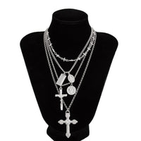 Thumbnail for Classic Layered Gold Silver Tone Pattern Round Disk Cross Pendant Y Necklace Set - ArtGalleryZen