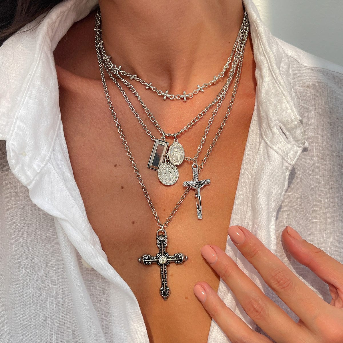 Classic Layered Gold Silver Tone Pattern Round Disk Cross Pendant Y Necklace Set - ArtGalleryZen