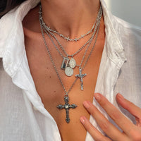 Thumbnail for Classic Layered Gold Silver Tone Pattern Round Disk Cross Pendant Y Necklace Set - ArtGalleryZen