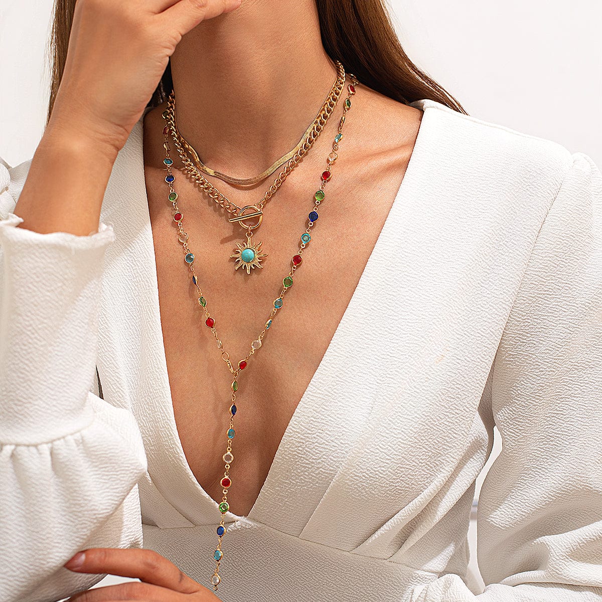 Colorful Crystal Long Chain Turquoise Sun Pendant Necklace Set - ArtGalleryZen
