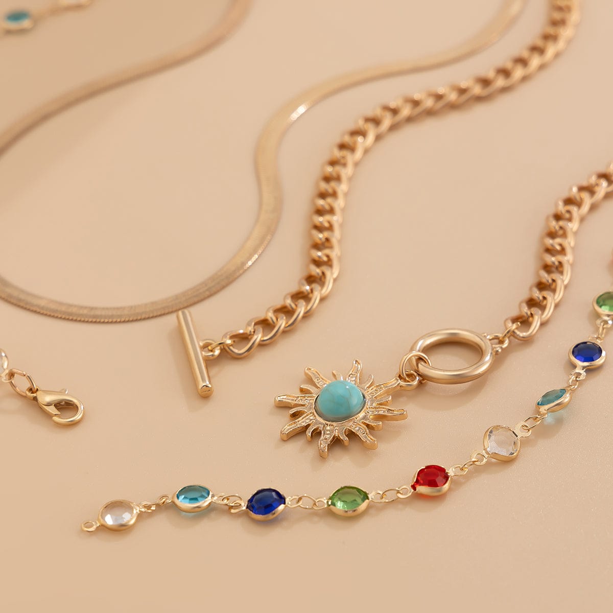 Colorful Crystal Long Chain Turquoise Sun Pendant Necklace Set - ArtGalleryZen