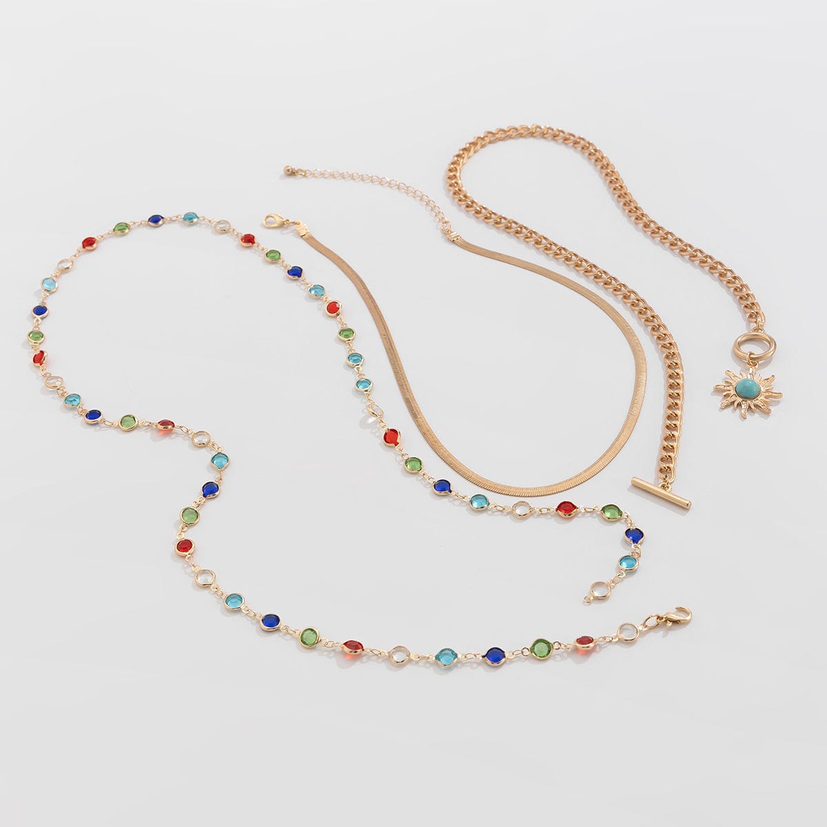 Colorful Crystal Long Chain Turquoise Sun Pendant Necklace Set - ArtGalleryZen