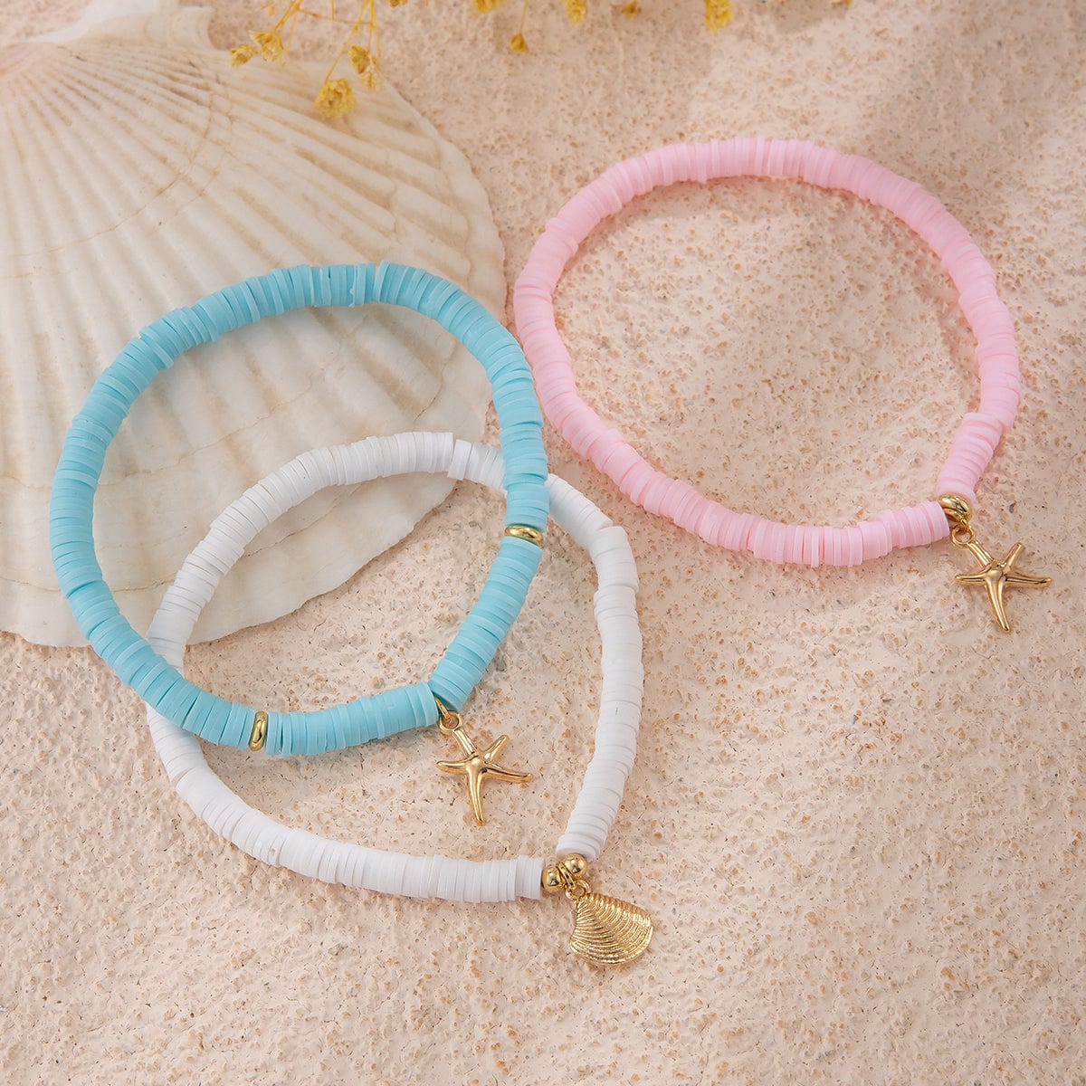 Colorful Layered Shell Starfish Charm Polymer Clay Anklet Set - ArtGalleryZen