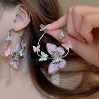 Thumbnail for Colorful Rhinestone Inlaid Embroidery Butterfly Heart Hoop Earrings - ArtGalleryZen