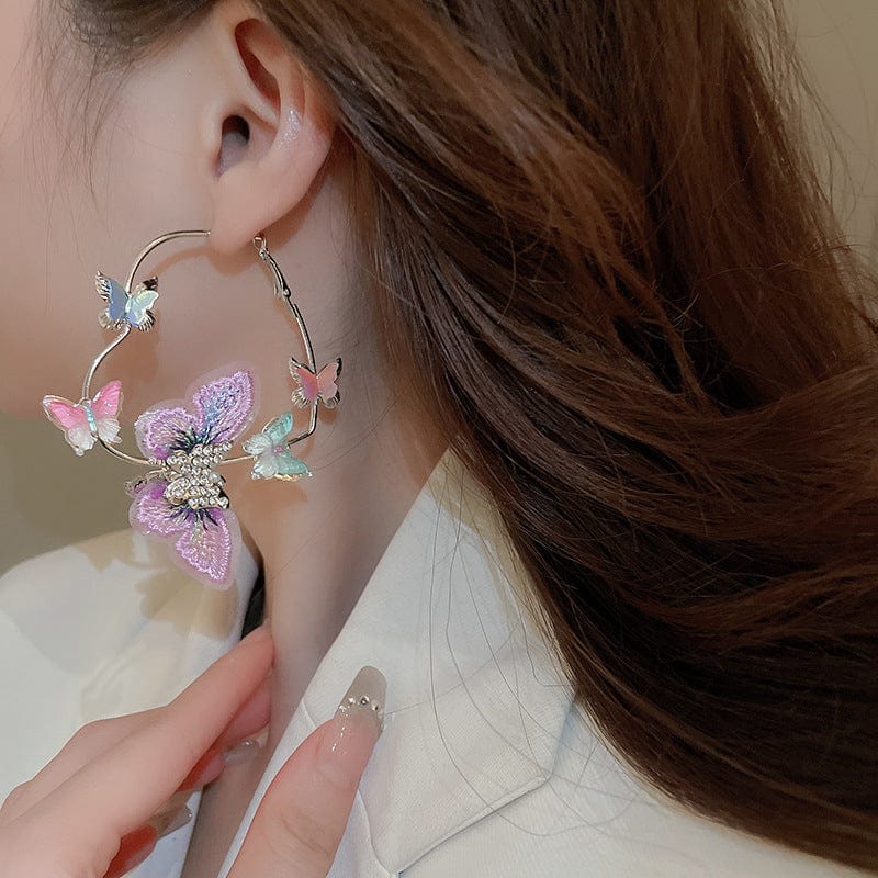 Colorful Rhinestone Inlaid Embroidery Butterfly Heart Hoop Earrings - ArtGalleryZen