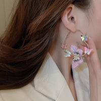Thumbnail for Colorful Rhinestone Inlaid Embroidery Butterfly Heart Hoop Earrings - ArtGalleryZen