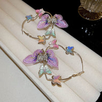 Thumbnail for Colorful Rhinestone Inlaid Embroidery Butterfly Heart Hoop Earrings - ArtGalleryZen