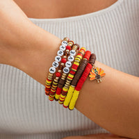 Thumbnail for Colorful Thanksgiving Theme Turkey Charm Polymer Clay Letter Beaded Bracelet Set - ArtGalleryZen