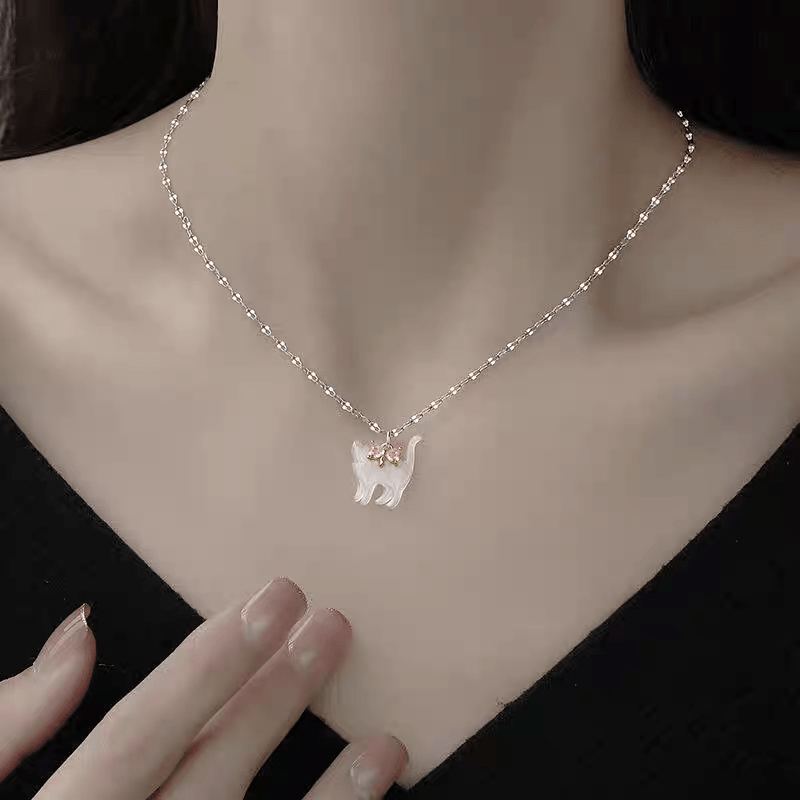 Crystal Bowknot Cat Pendant Necklace - ArtGalleryZen
