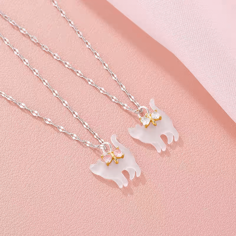 Crystal Bowknot Cat Pendant Necklace - ArtGalleryZen