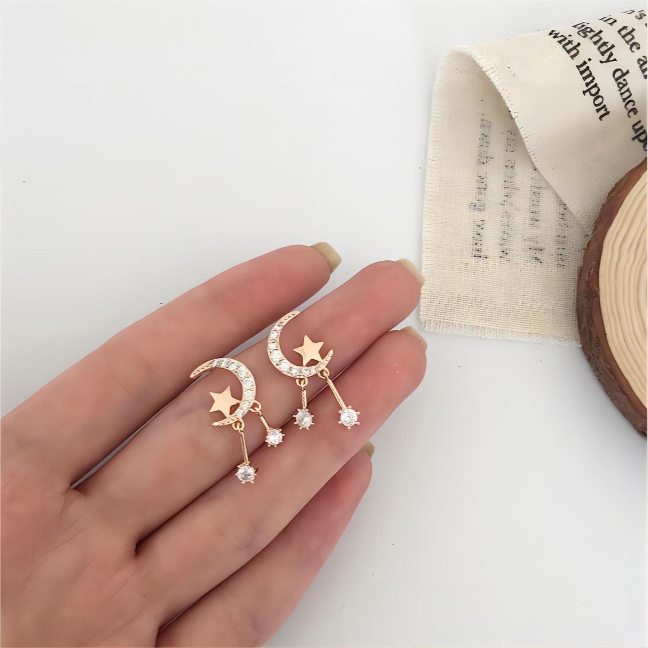 Crystal Inlaid Moon Star Dangle Earrings - ArtGalleryZen