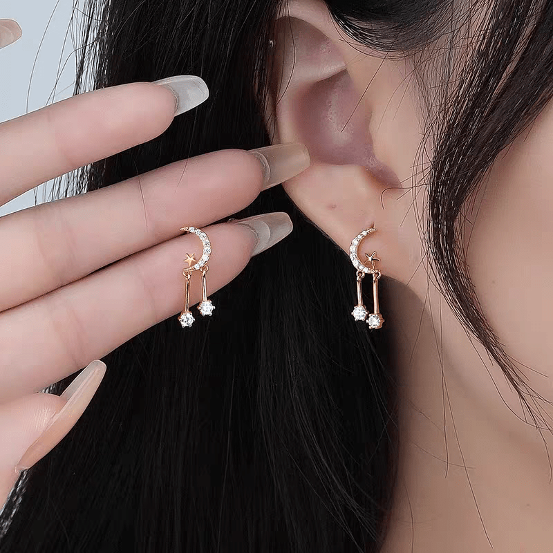 Crystal Inlaid Moon Star Dangle Earrings - ArtGalleryZen