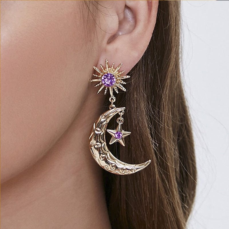 Crystal Inlaid Sun Star Moon Phase Dangle Earrings - ArtGalleryZen