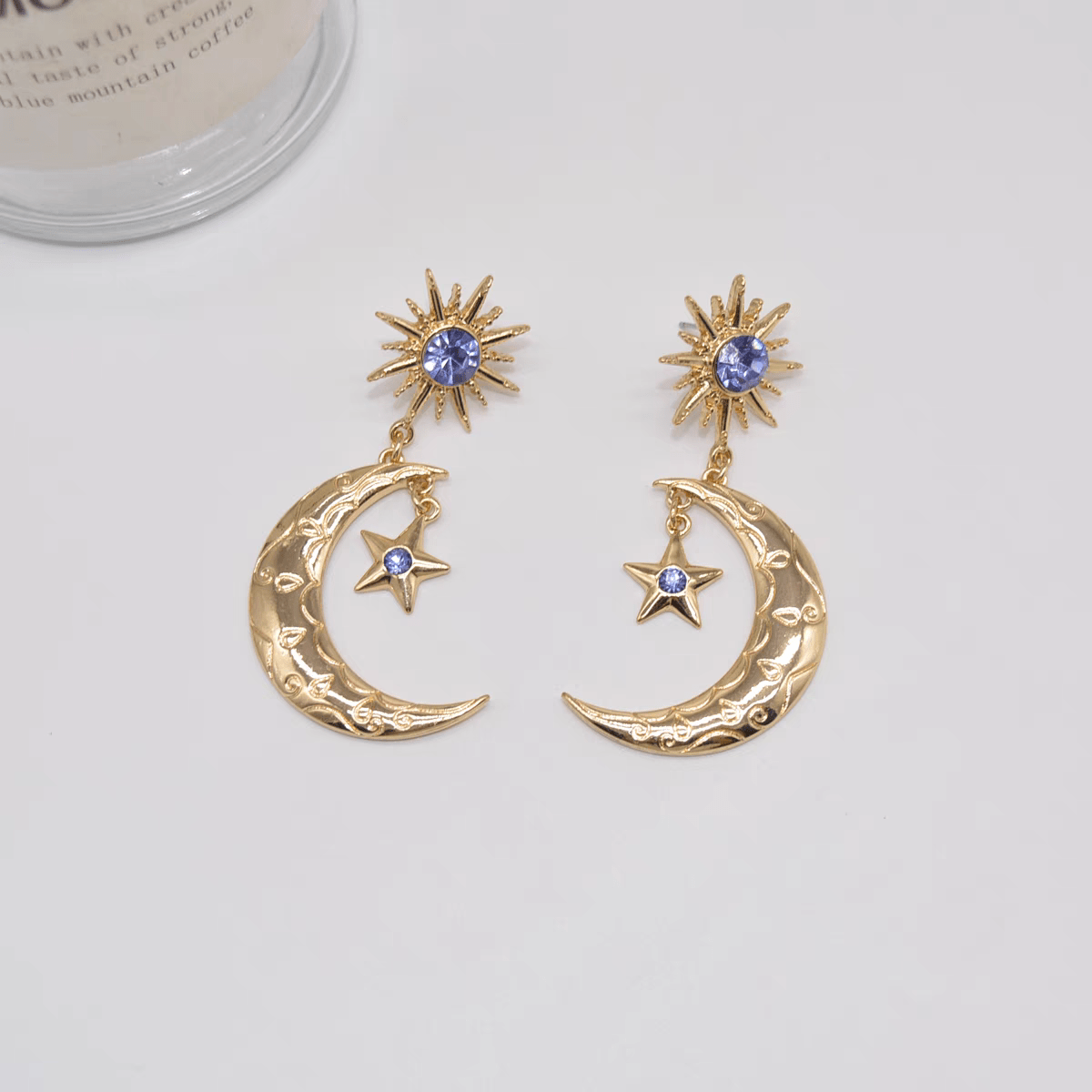 Crystal Inlaid Sun Star Moon Phase Dangle Earrings - ArtGalleryZen
