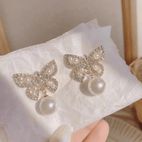 Thumbnail for Crystal Pearl Inlaid Butterfly Earrings - ArtGalleryZen