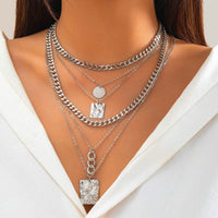 Thumbnail for Cuban Layered Round Disk Ring Buckle Square Pendant Chunky Curb Chain Necklace Set - ArtGalleryZen