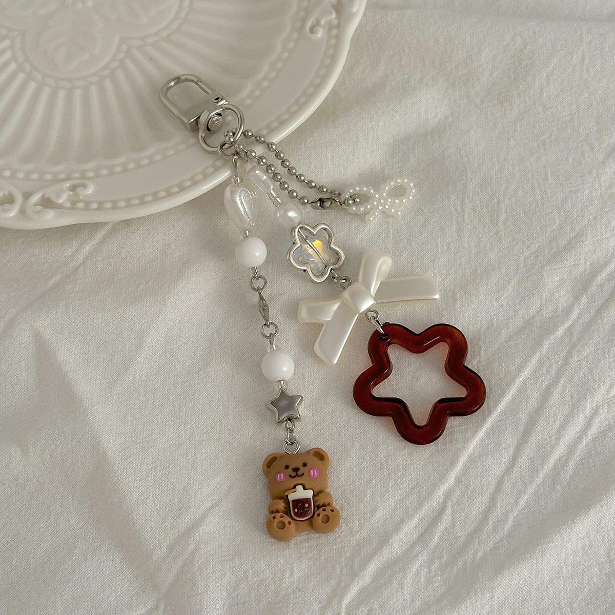 Cute Bear Star Pearl Bowknot Charm Keychain - ArtGalleryZen