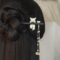Thumbnail for Cute Cat Pendant Flower Pearl Tassel Wooden Hair Fork Hair Pin - ArtGalleryZen
