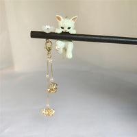 Thumbnail for Cute Cat Pendant Flower Pearl Tassel Wooden Hair Fork Hair Pin - ArtGalleryZen