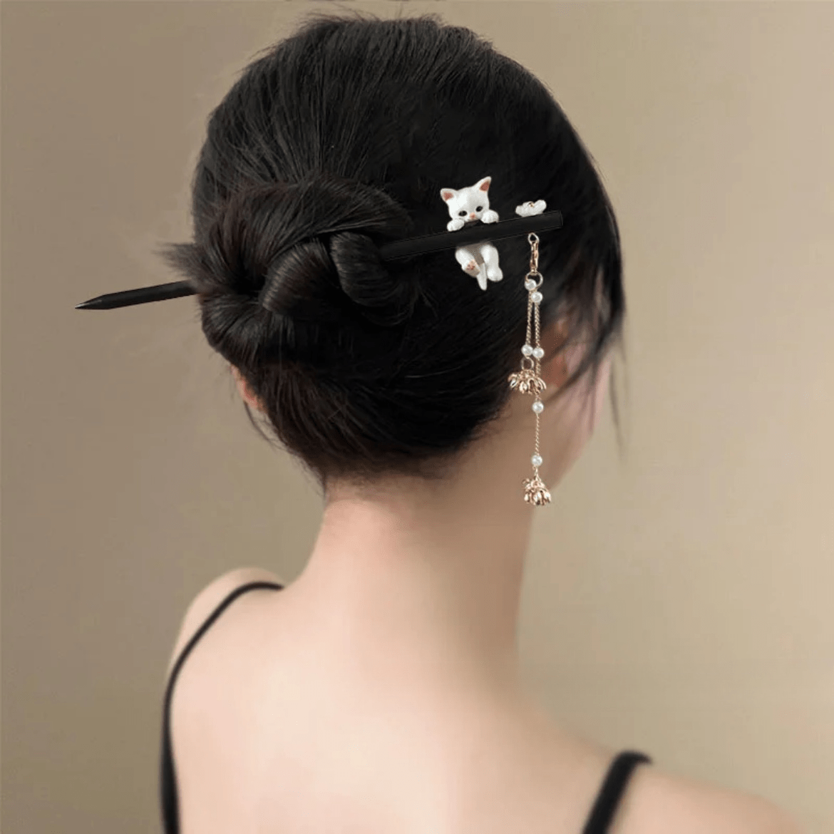 Cute Cat Pendant Flower Pearl Tassel Wooden Hair Fork Hair Pin - ArtGalleryZen
