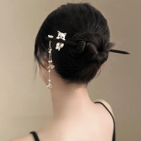 Thumbnail for Cute Cat Pendant Flower Pearl Tassel Wooden Hair Fork Hair Pin - ArtGalleryZen