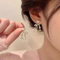 Thumbnail for Cute CZ Inlaid Dangling Pearl Heart Rabbit Earrings - ArtGalleryZen