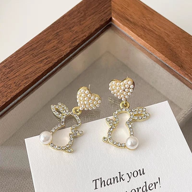 Cute CZ Inlaid Dangling Pearl Heart Rabbit Earrings - ArtGalleryZen