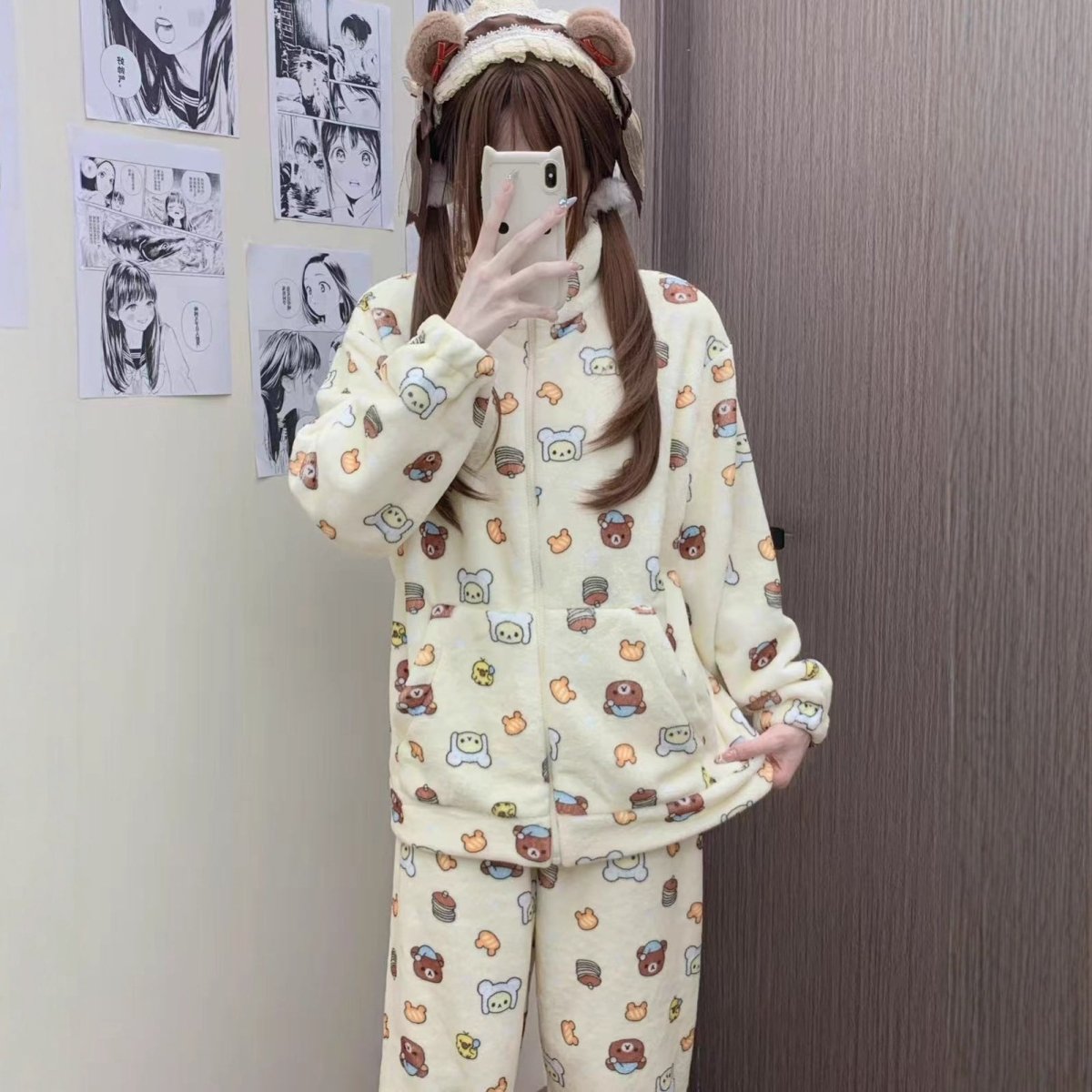 Cute Kitten Star Rilakkuma Winter Fluffy Pajama Set - ArtGalleryZen