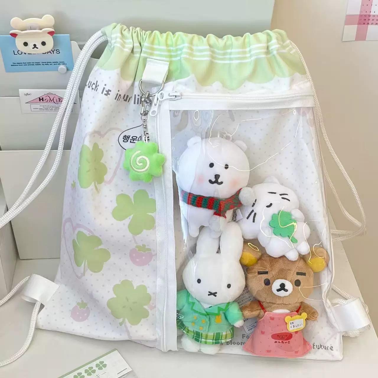 Cute Lucky Clover Strawberry Puppy Kpop Fan Display Drawstring Backpack - ArtGalleryZen
