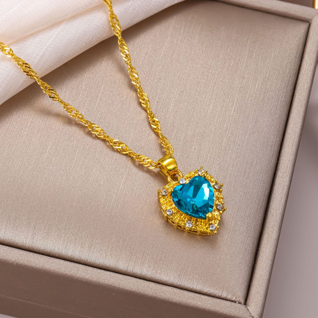 CZ Inlaid Crystal Heart Pendant Necklace - ArtGalleryZen