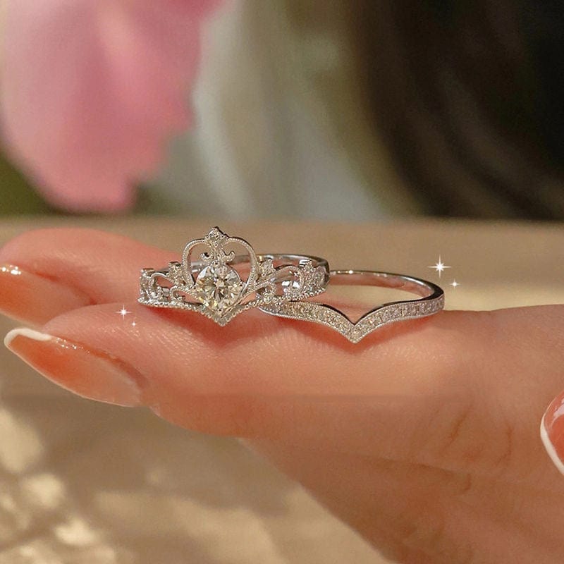 CZ Inlaid Stackable Silver Crown Ring Set - ArtGalleryZen