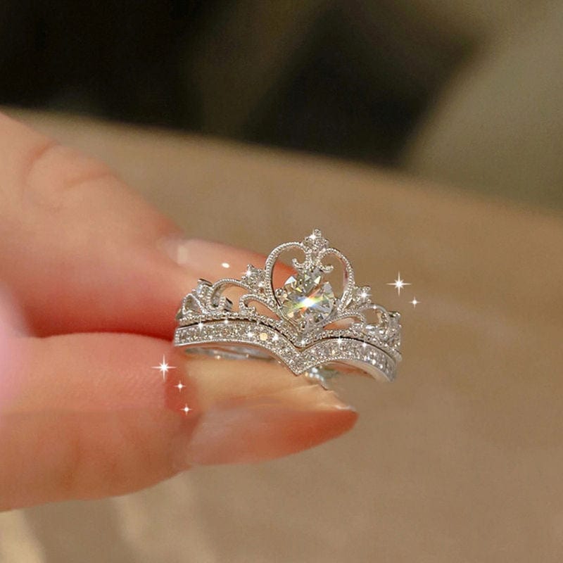 CZ Inlaid Stackable Silver Crown Ring Set - ArtGalleryZen