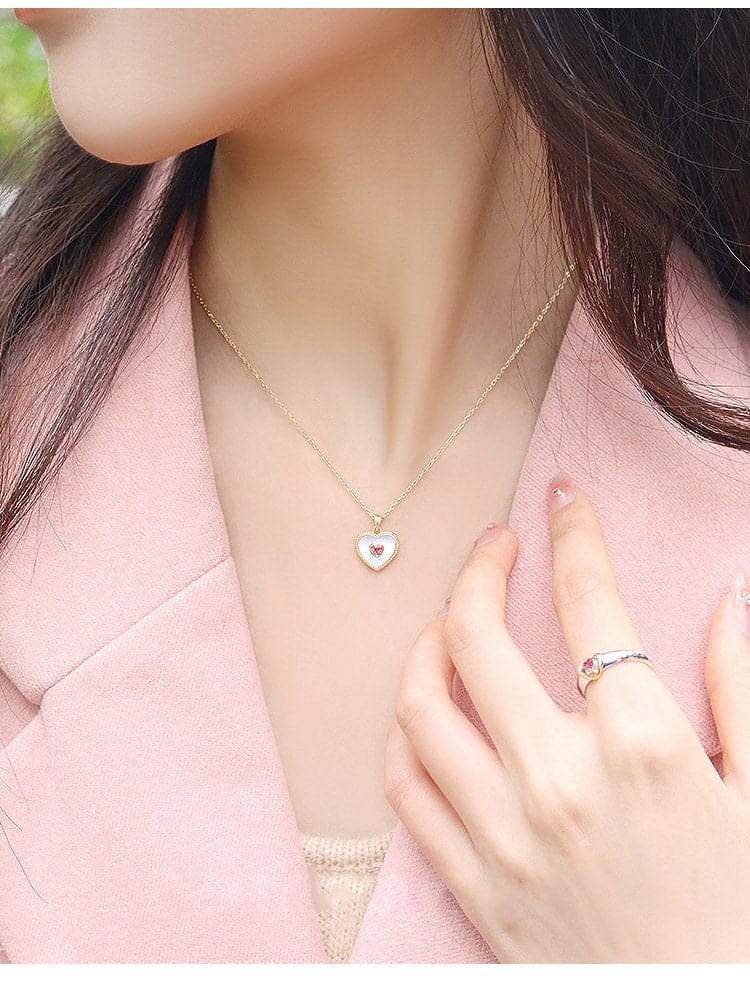 Dainty 18K Gold Filled Rhinestone Inlaid Natural Shell Heart Pendant Necklace - ArtGalleryZen