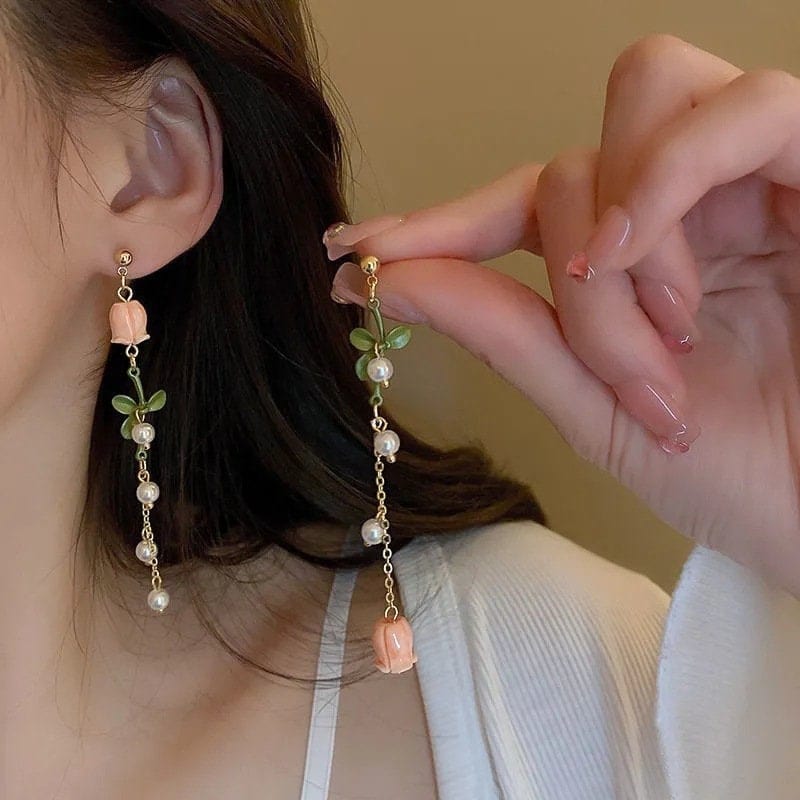 Dainty 24K Gold Filled Pink Tulip Crystal Pearl Chain Necklace Earrings Set - ArtGalleryZen