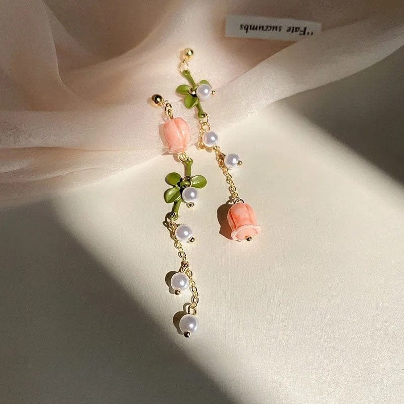 Dainty 24K Gold Filled Pink Tulip Crystal Pearl Chain Necklace Earrings Set - ArtGalleryZen